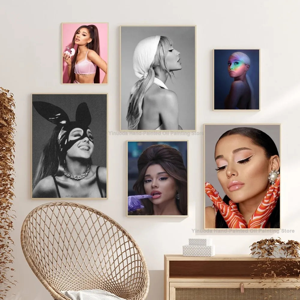 High quality ariana grande-themed framed art prints featuring pink, black-and-white, and rainbow lighting for home decor