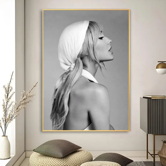 Black-and-white portrait canvas of a blonde woman with white headscarf in a gold frame high quality music art poster