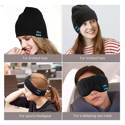 Black knitted beanie with built-in stereo bluetooth hat movement module headphones and control buttons for unique tech caps