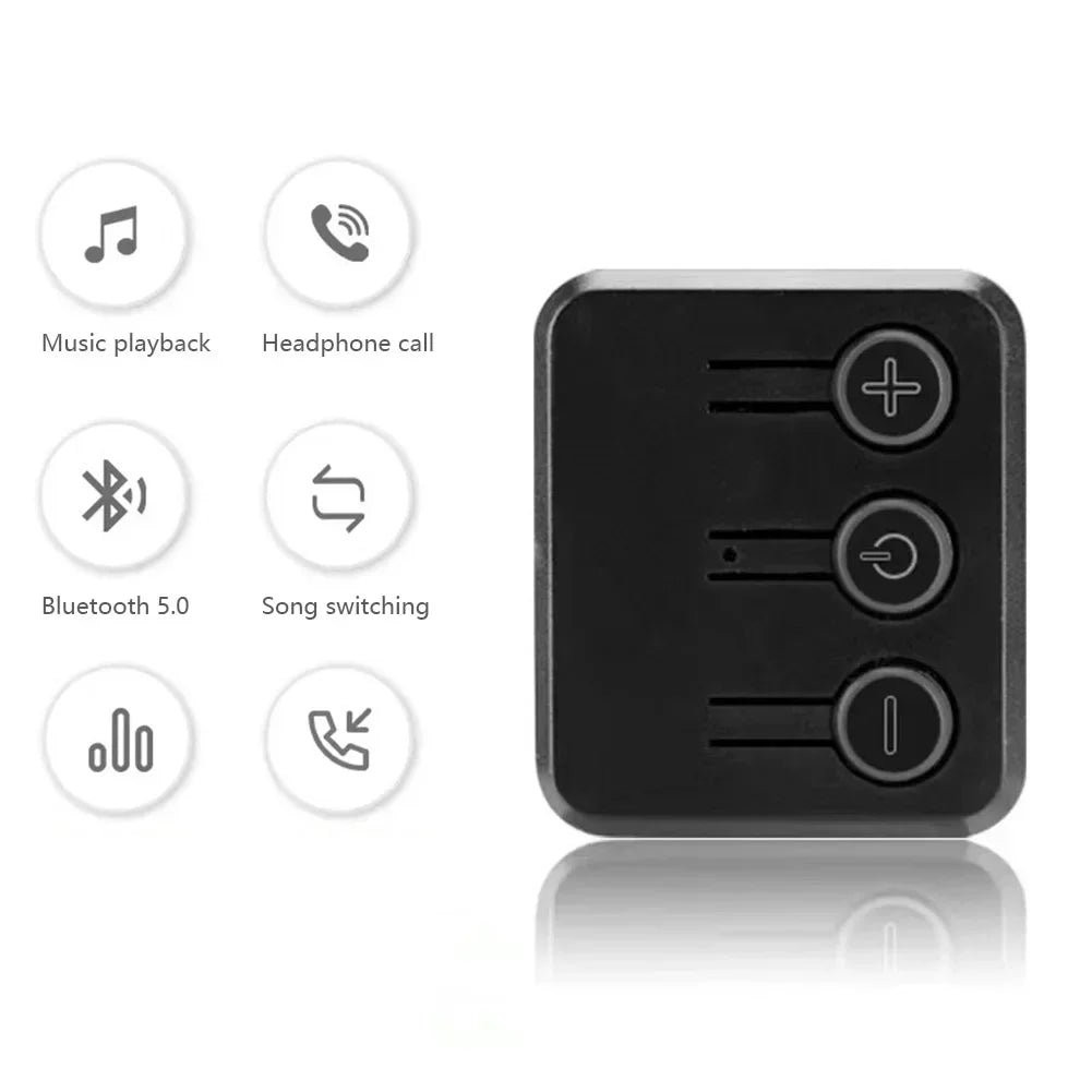 Black square-shaped bluetooth 5.0 wireless audio adapter with control buttons for stereo bluetooth hat movement module headphones caps unique tech