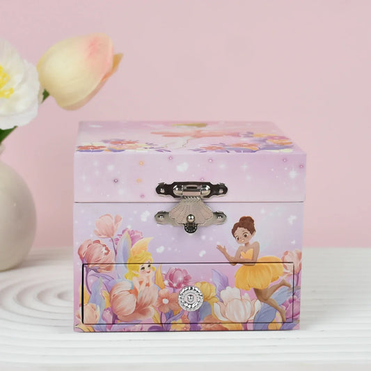 Pink floral-themed music box jewelry with silver clasp and princess illustrations for dance music birthday gifts