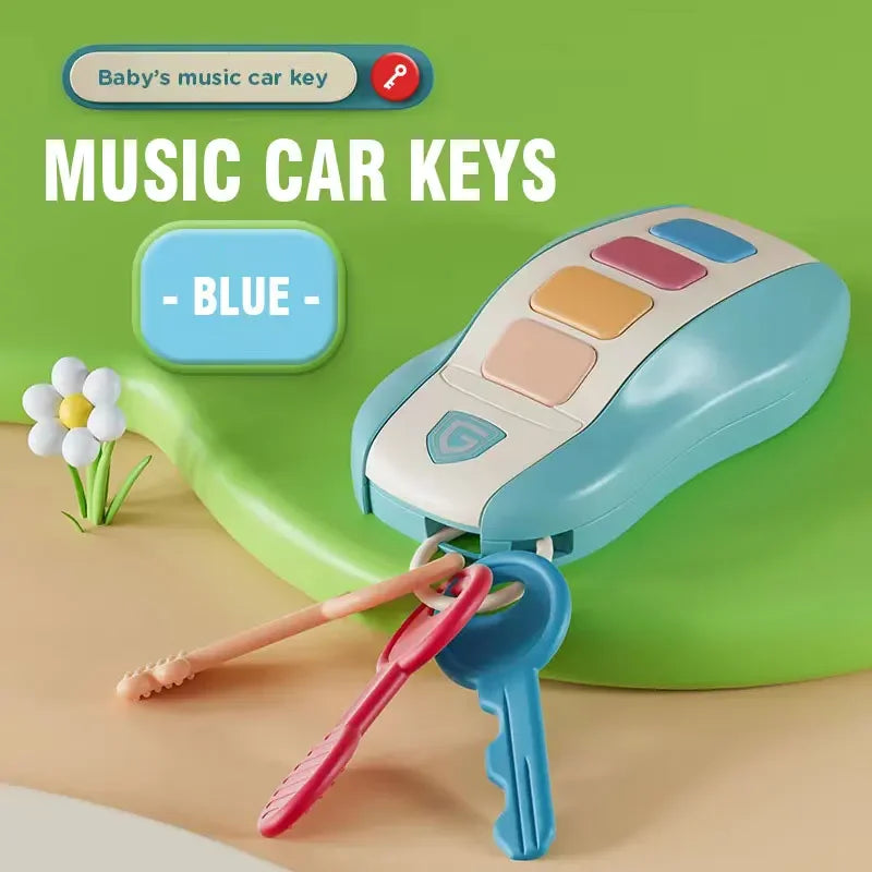 Blue plastic music car key baby toy with colorful buttons and attached toy keys for pretend play simulated car use