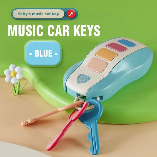 Blue plastic music car key baby toy with colorful buttons and attached toy keys for pretend play simulated car use