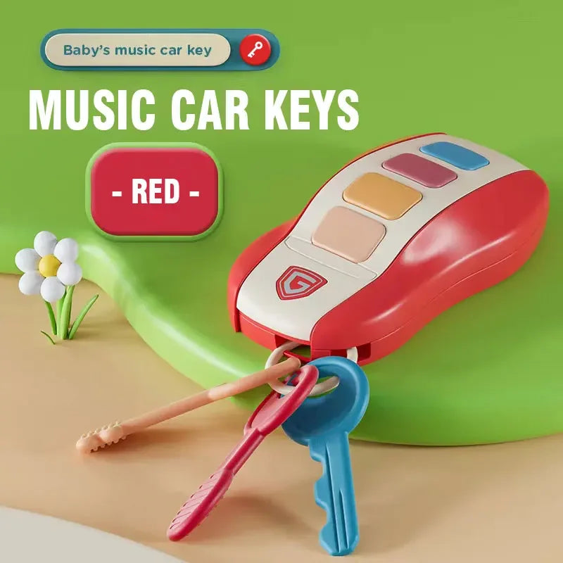 Red plastic music car key baby toy with colorful buttons and attached pink and blue keys for pretend play simulated use