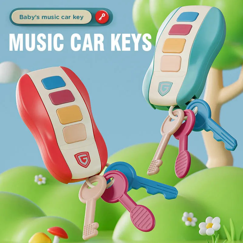 Colorful plastic music car key baby toys with button panels and attached toy keys for pretend play simulated use