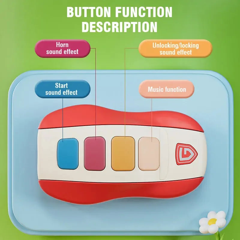 Red white and blue music car key toy piano with four colorful buttons for sound effects and pretend play simulated use