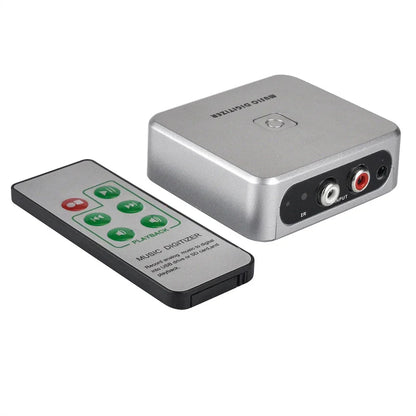Silver rectangular music digitizer audio capture recorder box with black ports and remote for converting analog music to MP3