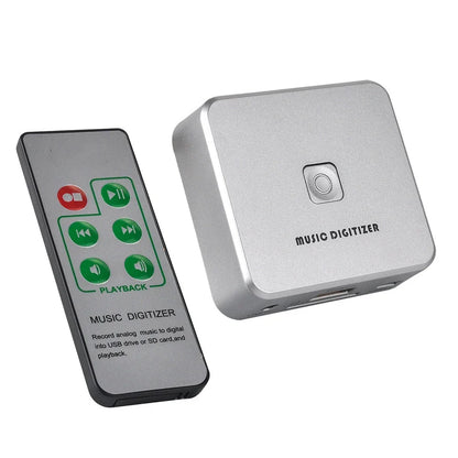 Silver rectangular music digitizer audio capture recorder box with central button and green button remote control for mp3 conversion