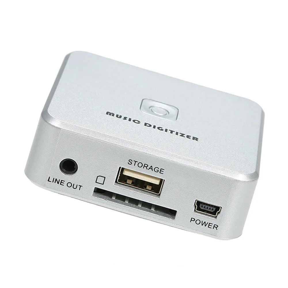 Silver aluminum music digitizer back side with labeled line out storage usb power ports and mini usb remote control features