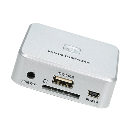Silver aluminum music digitizer back side with labeled line out storage usb power ports and mini usb remote control features