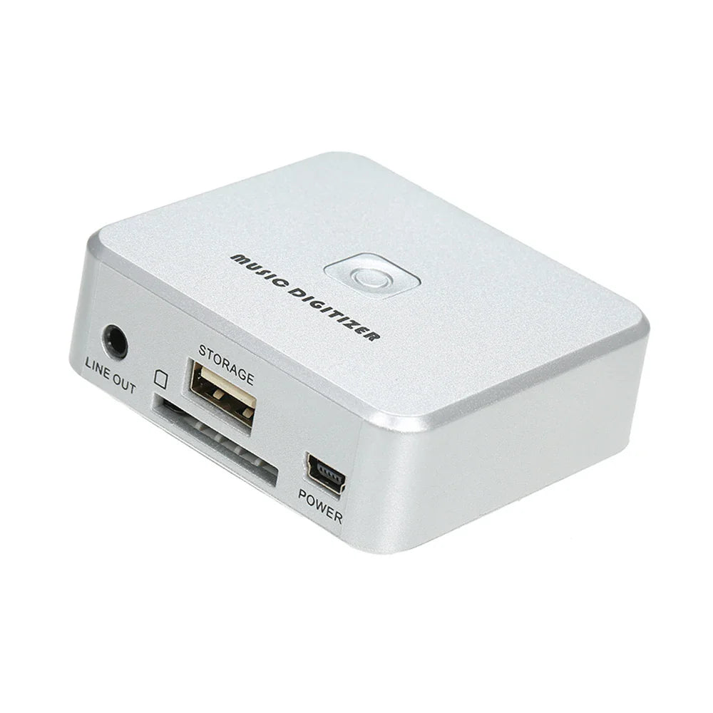 Silver aluminum music digitizer back side with labeled line out storage usb and mini usb ports for remote control use