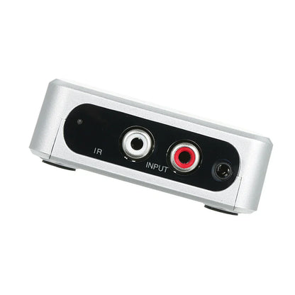Silver music digitizer music player record with black panel and white input and red output rca jacks on back side