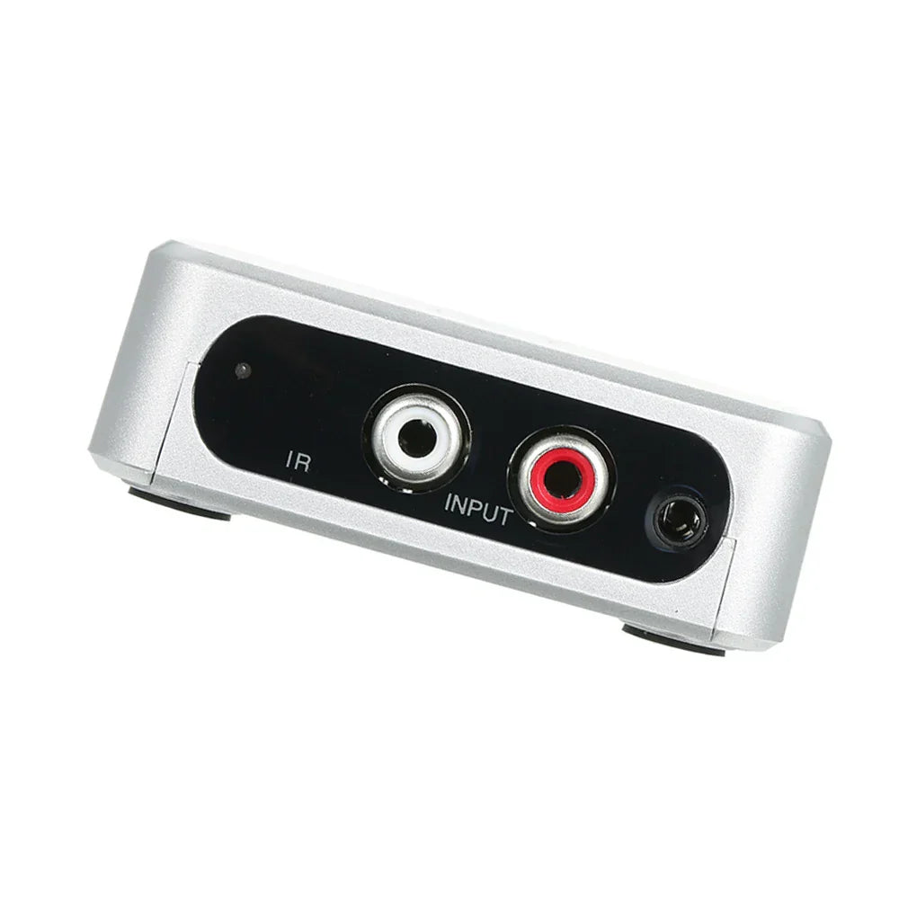Silver music digitizer music player record adapter with black panel and white input rca and red output rca jacks back side