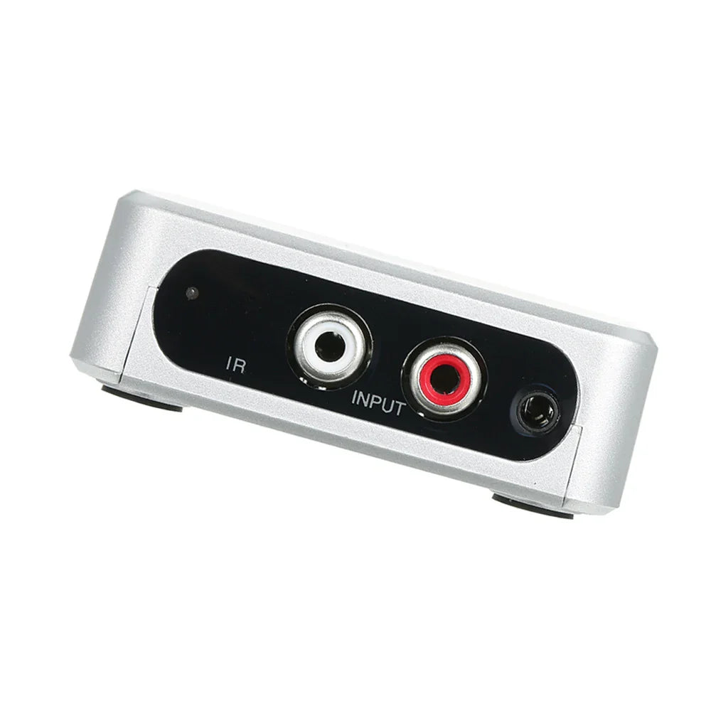 Silver music digitizer back panel with black input panel featuring white and red rca jacks and mini usb port for remote control