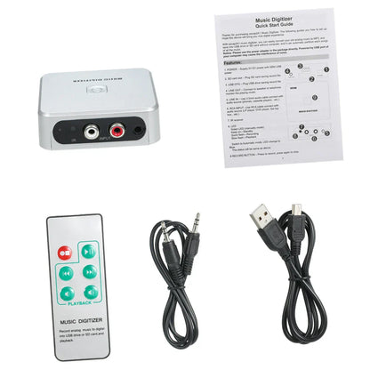 Silver rectangular music digitizer music player record with black front panel and red white audio input jacks for analog music