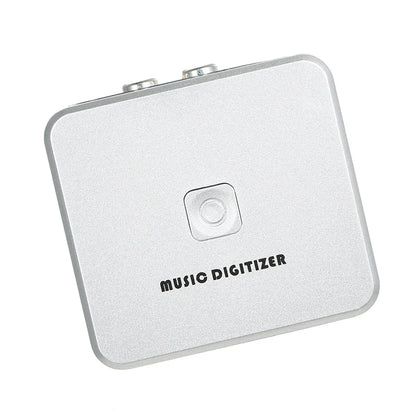 Silver rectangular music digitizer with brushed metal finish and two audio jacks for digitizer music player use