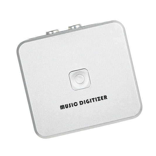 Silver rectangular music digitizer music player with brushed metal finish and two audio jacks for player record analog use