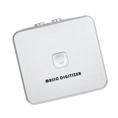 Silver music digitizer with brushed metal finish, two audio jacks, mini usb port, and remote control for playback