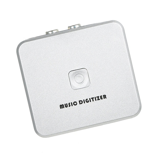 Silver music digitizer with brushed metal finish, two audio jacks, mini usb port, and remote control for playback