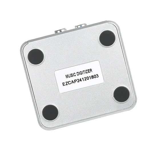 Silver rectangular music digitizer music player with black feet and label for recording analog music to sd card usb drive
