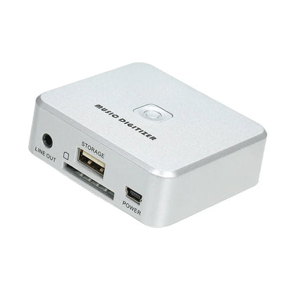 Silver rectangular music digitizer music player record with labeled ports and power button for sd card and usb drive use