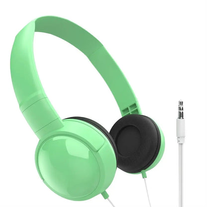 Mint green over ear headset adjustable audio headphones with black earcups and white 3.5mm audio bass macaron cable