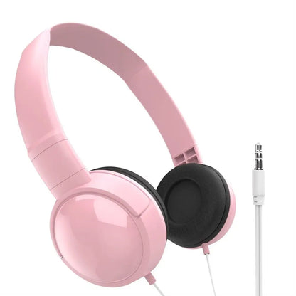 Pink over-ear macaron headphone tablet with black earcups, white audio cable, and adjustable audio bass headset