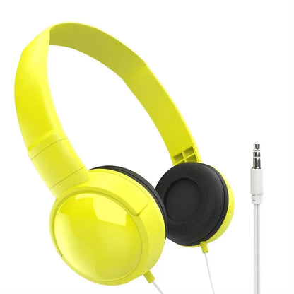 Bright yellow over ear headset adjustable audio with black ear cushions and white cable for macaron headphone tablet use