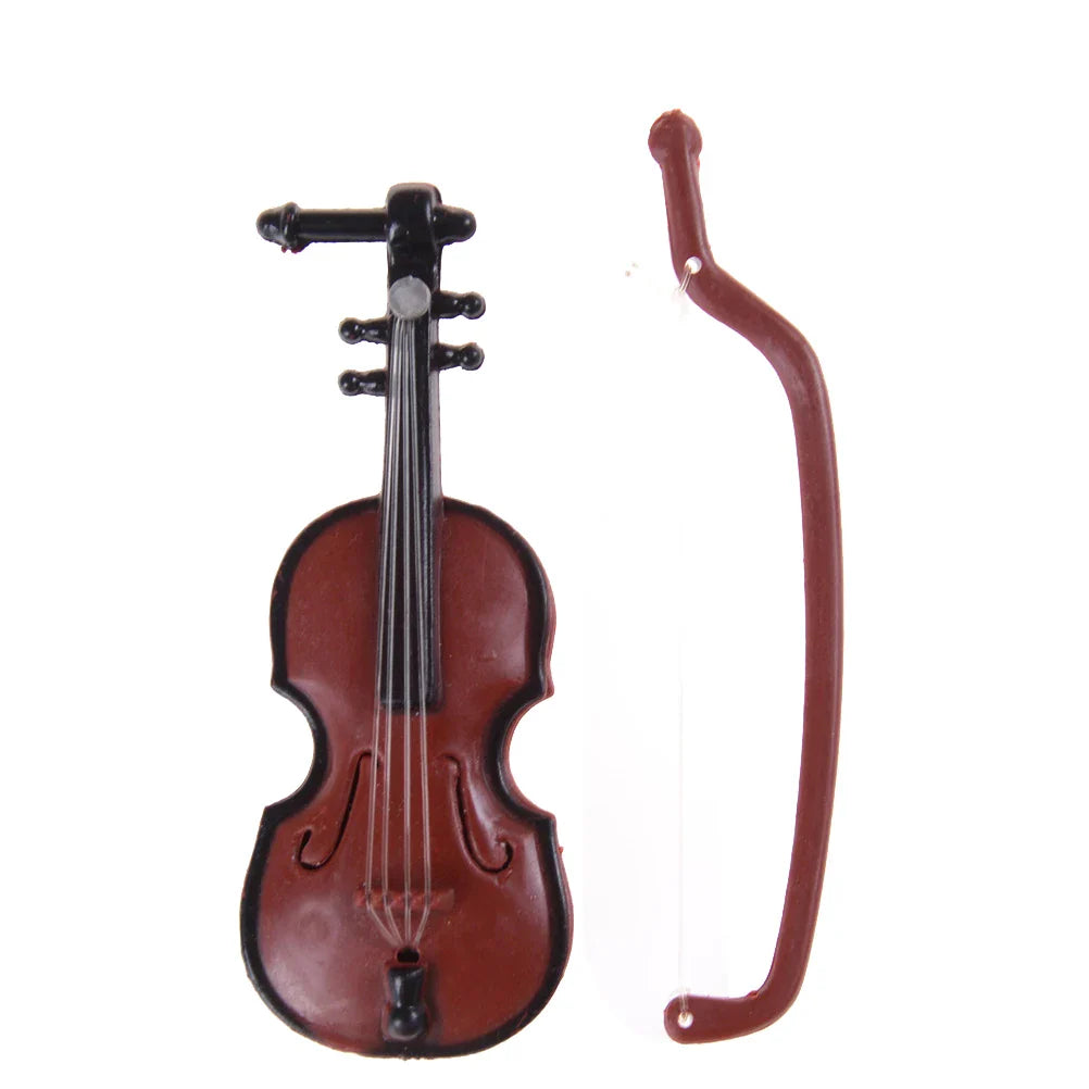Brown plastic miniature violin with black fittings and matching curved bow for 1/12 dolls house music instrument diy set