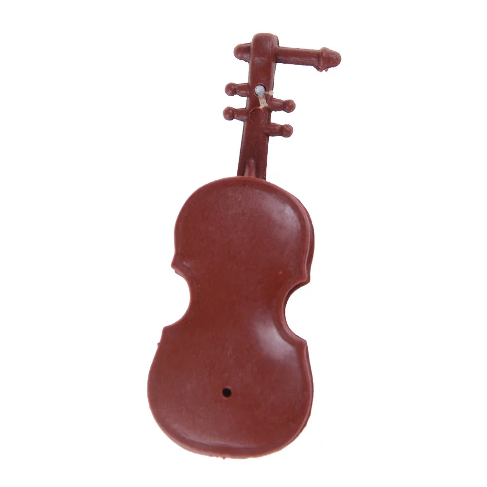 Brown plastic violin-shaped keychain resembling a 1/12 scale wooden dollhouse music instrument accessory