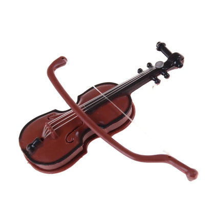Miniature brown plastic violin with black accents and matching bow for 1/12 dolls house music instrument DIY craft