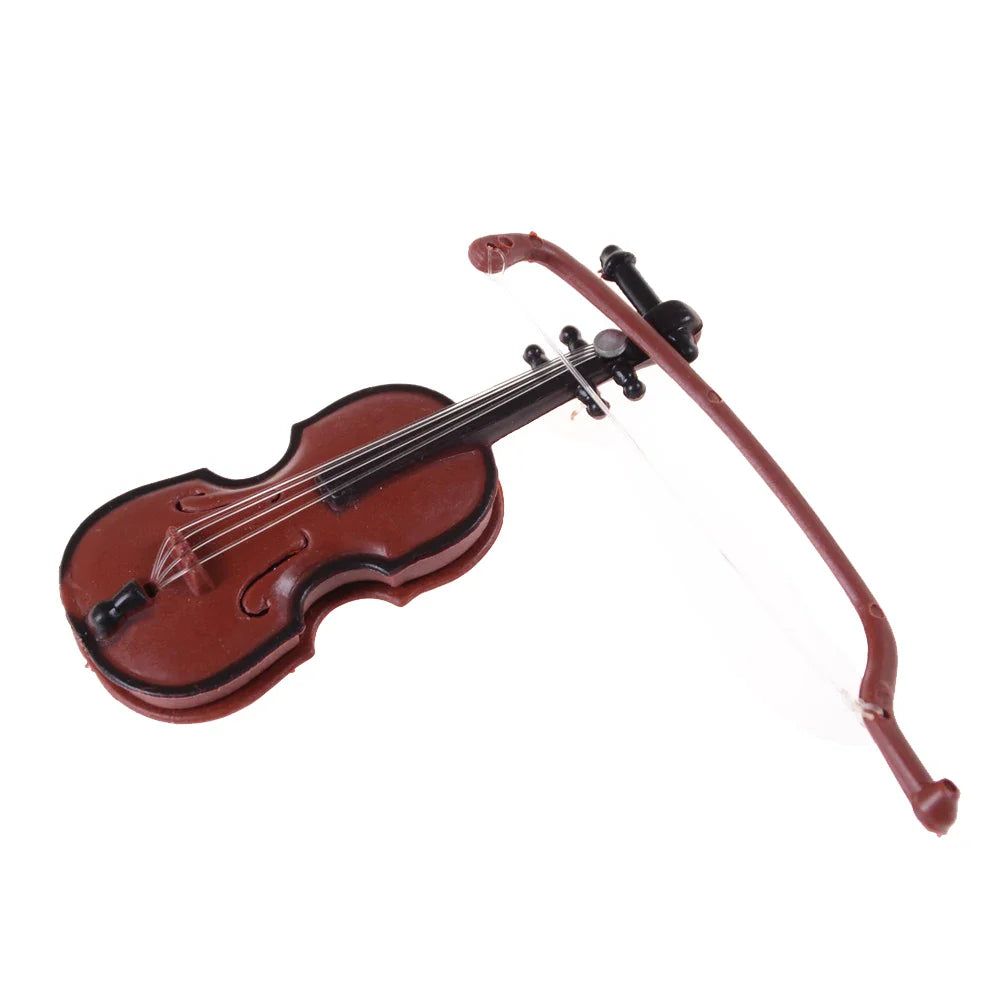 Miniature red wooden violin with black accents and matching bow for 1/12 dolls house diy crafts and display