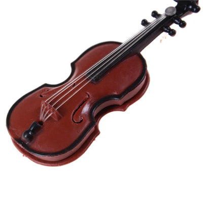 Miniature violin keychain with glossy reddish brown wooden body and black accents for 1/12 dolls house crafts