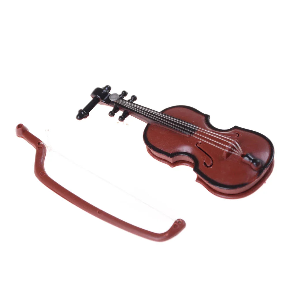 Red plastic miniature violin with black accents and matching bow for 1/12 dolls house music instrument diy crafts