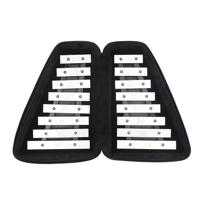 Silver-colored metal knock piano xylophone with white keys and black lettering in a black zippered case for early education knock and funny toys gifts