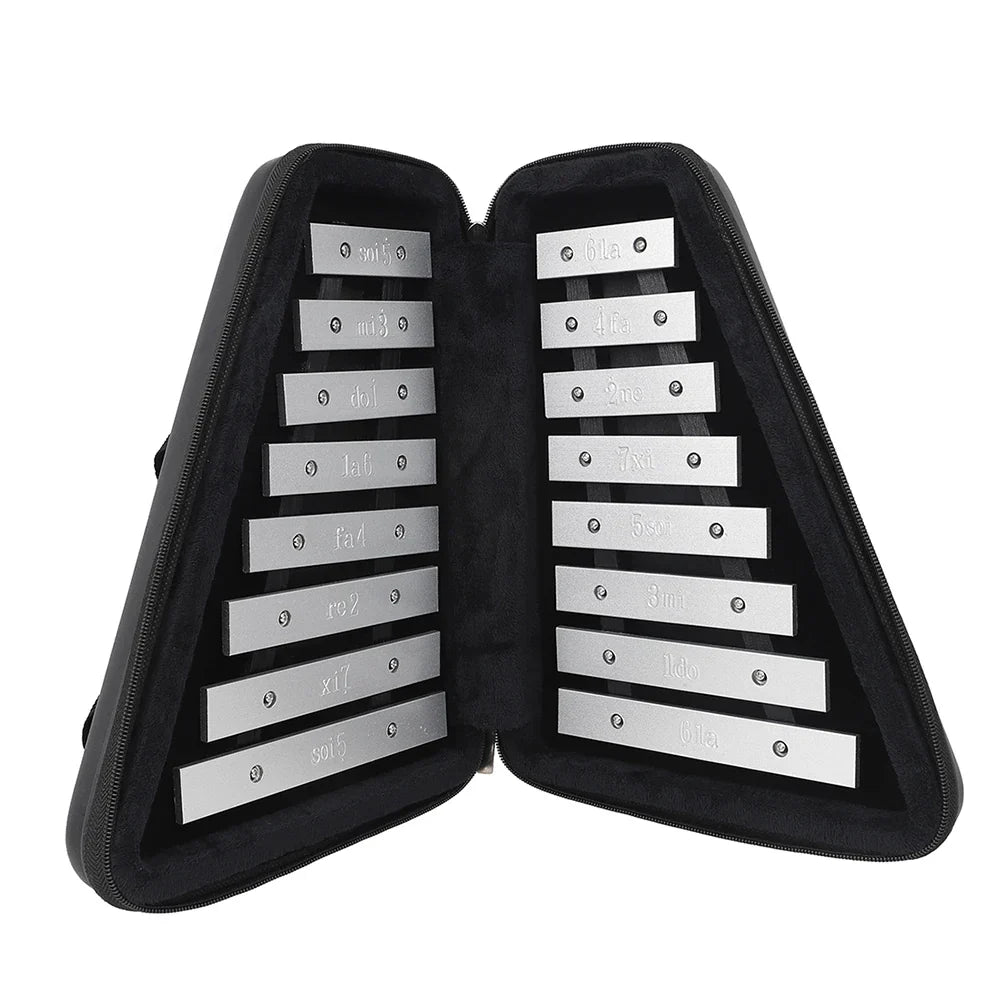 Set of silver-toned aluminum knock piano xylophone tuning forks in black case for early education knock and funny toys gifts