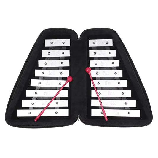 A portable black-zipped case with white aluminum knock piano xylophone bars and red mallets for early education and funny toys gifts