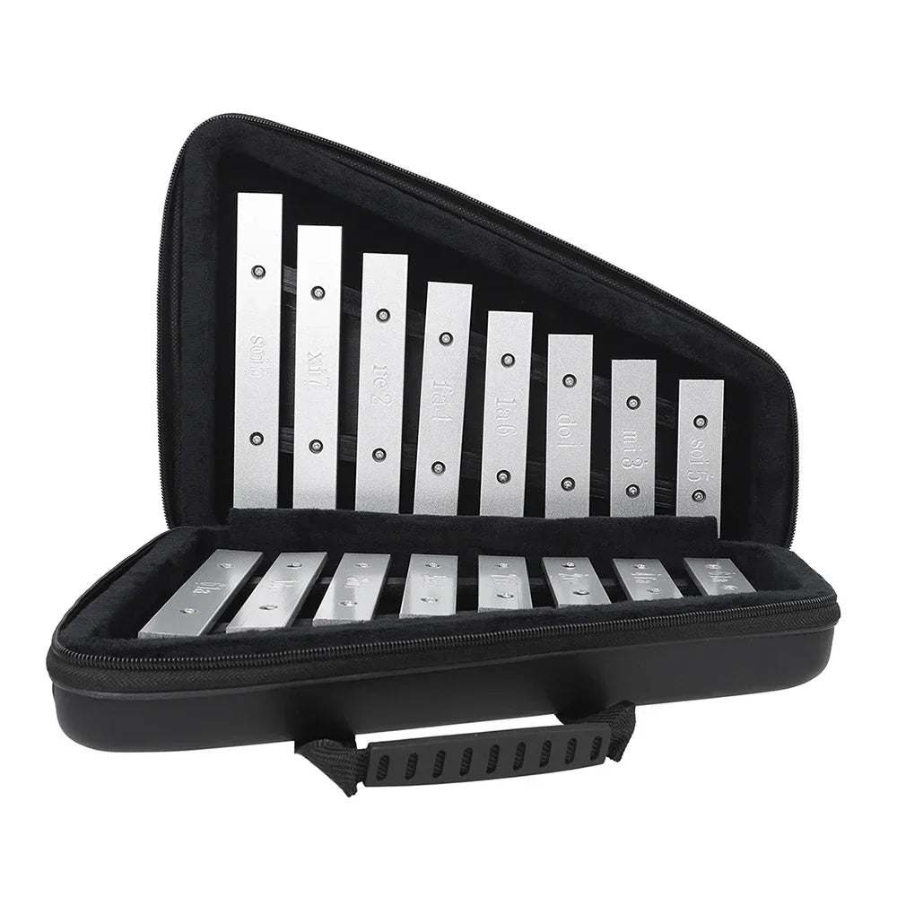 Silver aluminum knock piano xylophone set with engraved note labels in a black case for early education funny toys gifts
