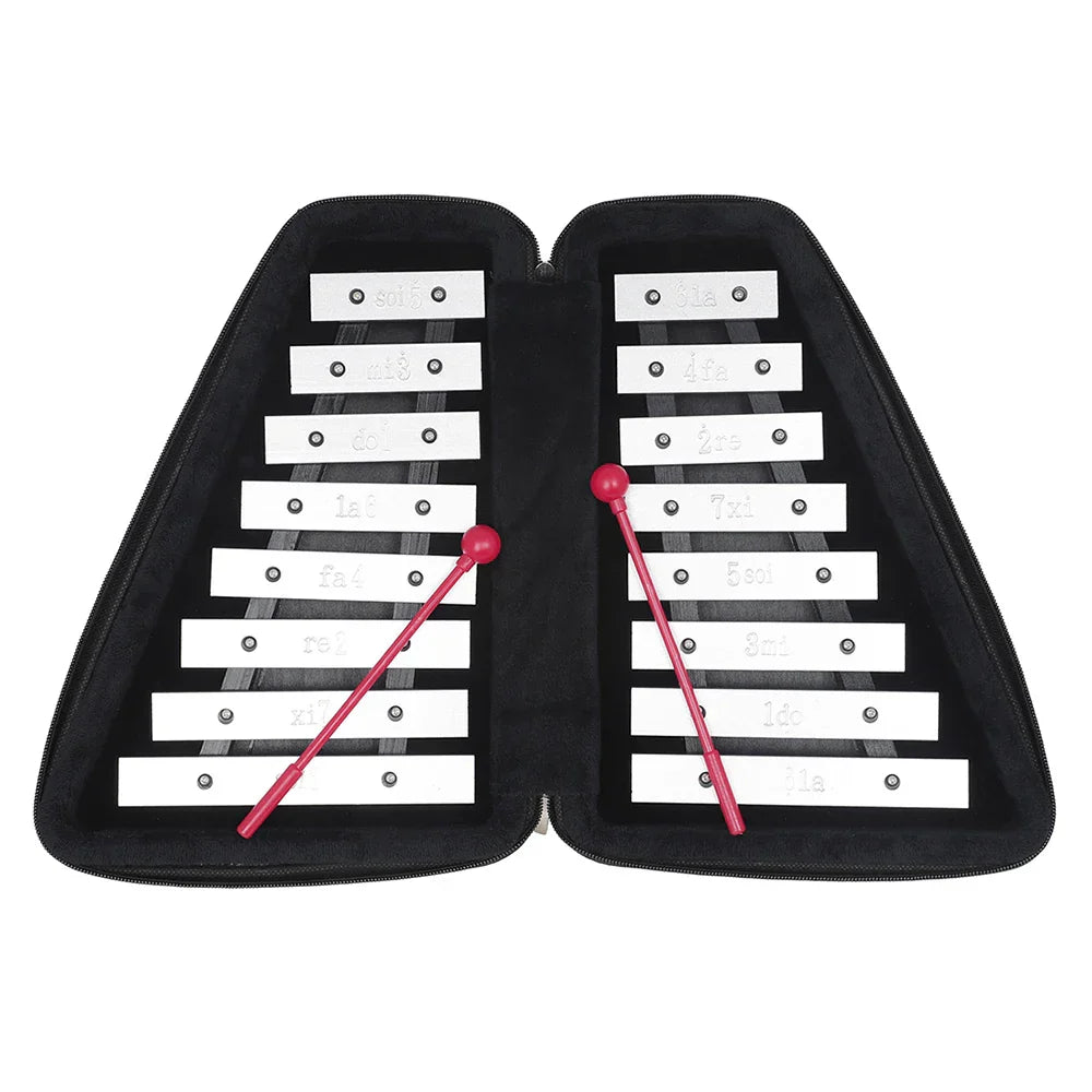 A portable black-zipped case containing a silver aluminum knock piano xylophone with white keys and red mallets for early education and funny toys gifts