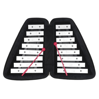 A portable black-zipped case containing a silver aluminum knock piano xylophone with white keys and red mallets for early education and funny toys gifts