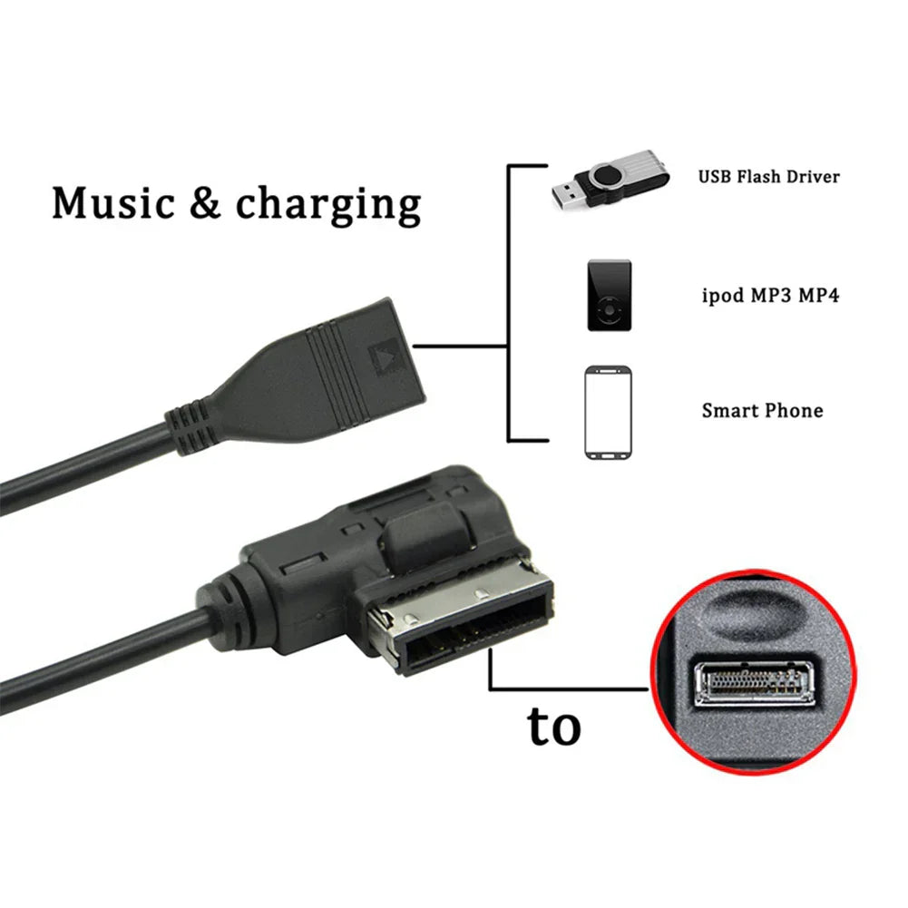 Black usb music interface ami cable with angled connector for ipod mp3 mp4 and smartphones aux mp3 cable adapter