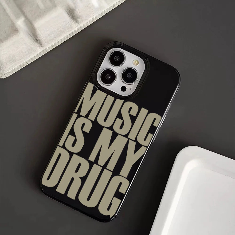 Black phone case with bold beige music is my drug text on the back for iPhone pro max case plus cover case drug case