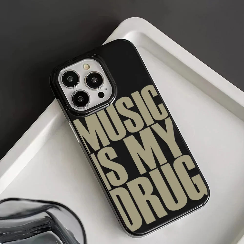 Black pro max case with bold beige music is my drug text on the back for iphone 13 pro plus cover case