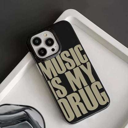Black pro max case with bold beige music is my drug text on the back for iphone 13 pro plus cover case