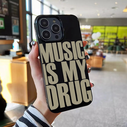 Black music is my drug phone case with bold cream text on back for iphone pro max case plus cover case