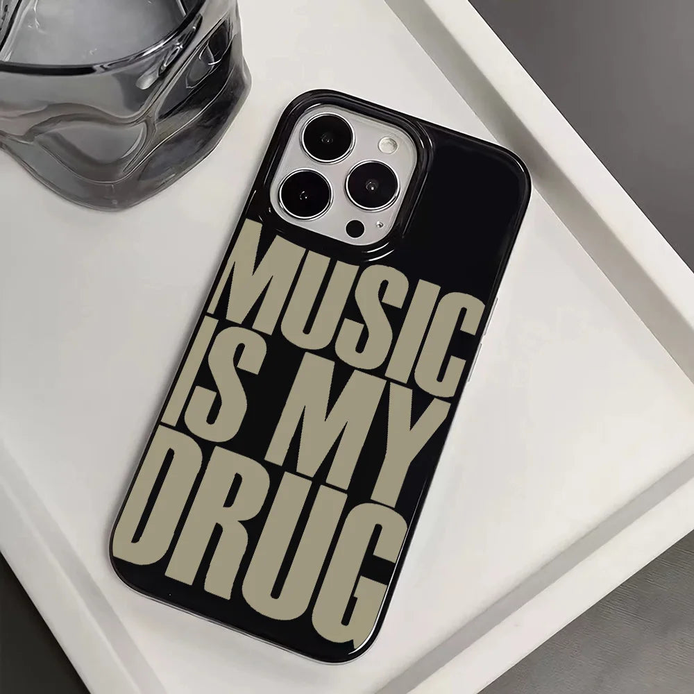 Black phone case showing back side with bold cream text music is my drug designed as a pro max case plus cover case drug case
