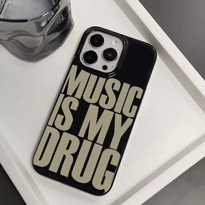 Black phone case showing back side with bold cream text music is my drug designed as a pro max case plus cover case drug case