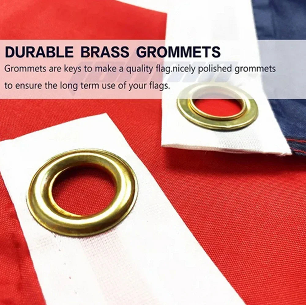 Durable brass grommets with polished gold finish on white fabric in a drug funny flag family wall banner design