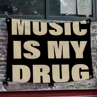 Black music is my drug funny flag with cream bold text custom wall hanging background art banner on brick wall