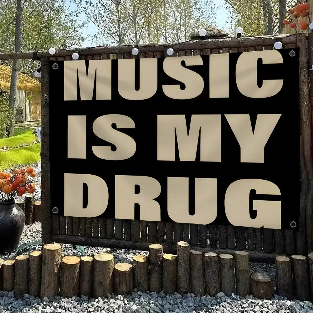 Black drug funny flag with beige bold sans-serif lettering framed by rustic wooden posts as custom wall hanging background art banner